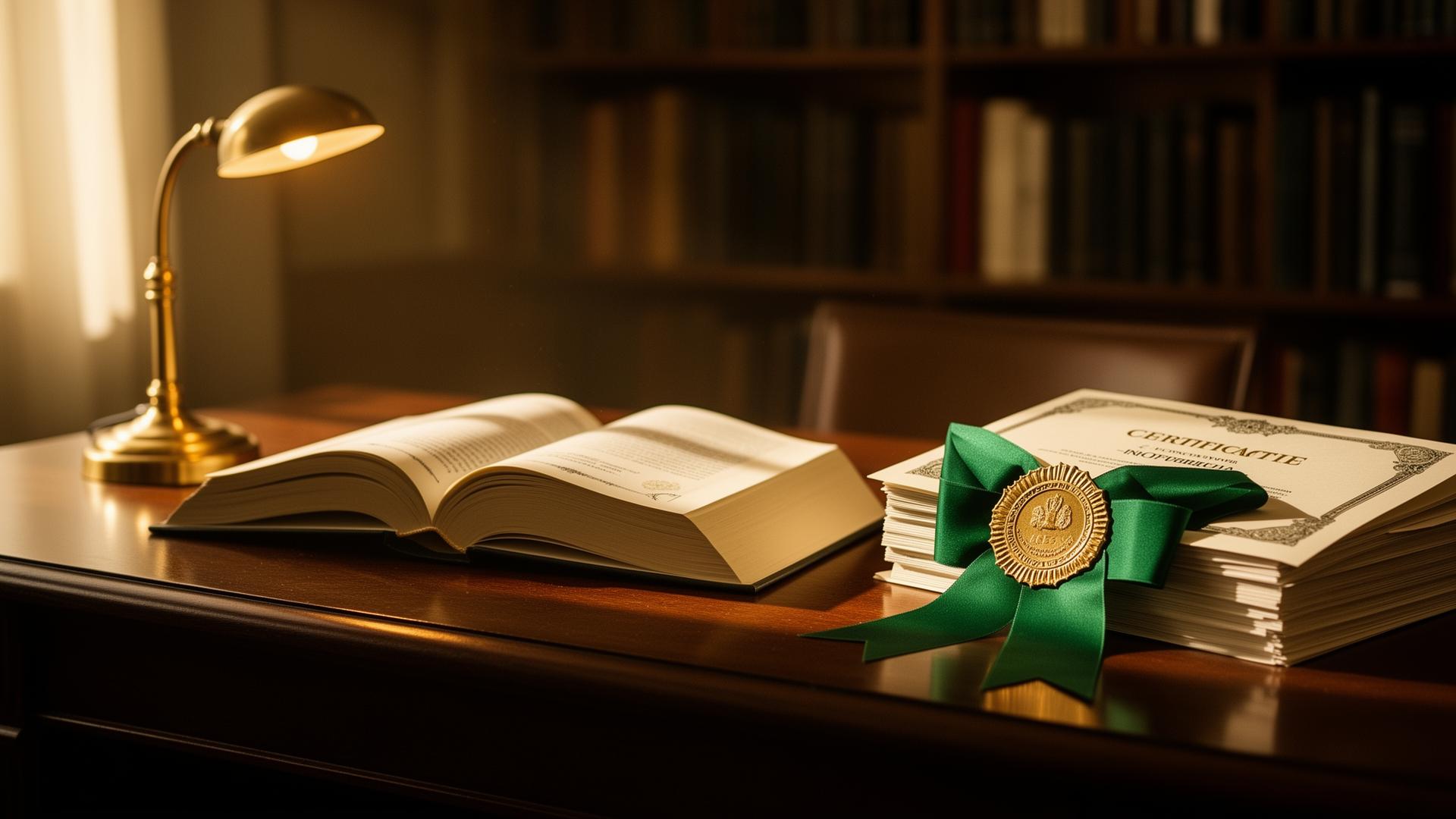 A certificate of completion with a gold seal resting on an open book on a wooden library desk.